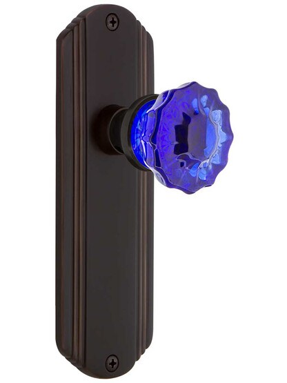 Streamline Deco Door Set with Colored Fluted Crystal Glass Knobs Cobalt Blue in Timeless Bronze.